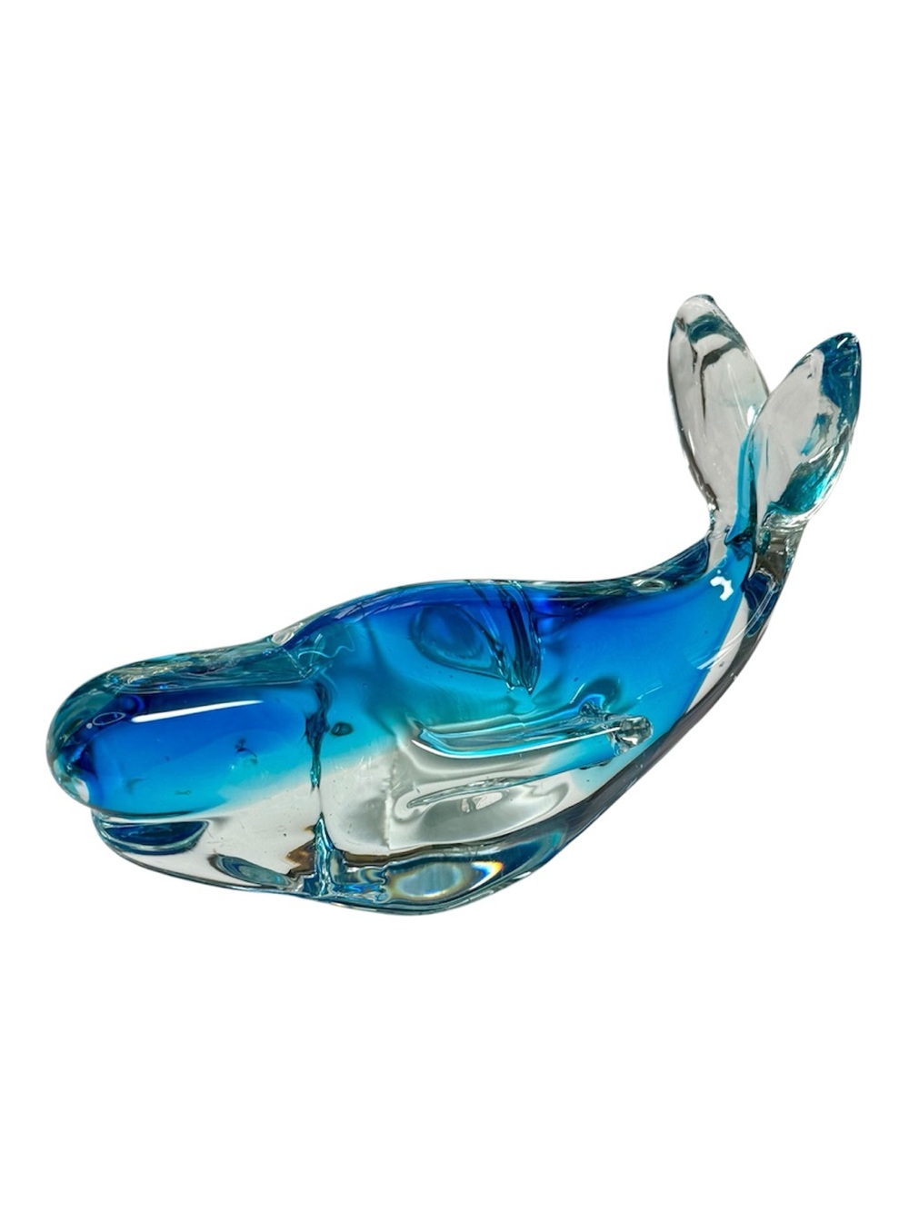 Mid Century Murano Style Hand Blown Glass Orca Whale Sculpture Sommerso